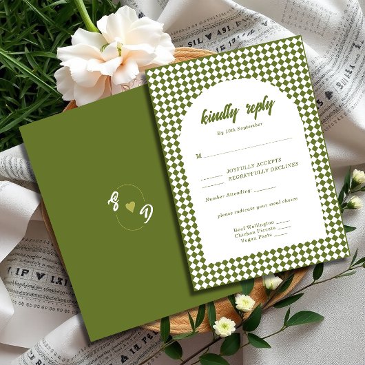 Olive green Retro Minimalist Checker Arch Wedding RSVP Karte