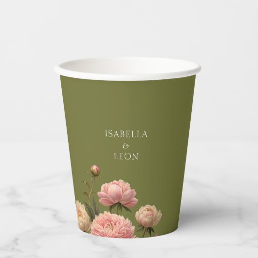 Olive Green & Rose Wedding Pappbecher (Vorderseite)