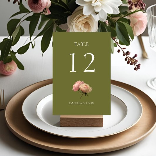 Olive Green | Rose Wedding Tischnummer Card