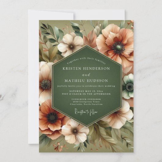 Olive Green Rustic Bloom Wedding Einladung (Vorderseite)