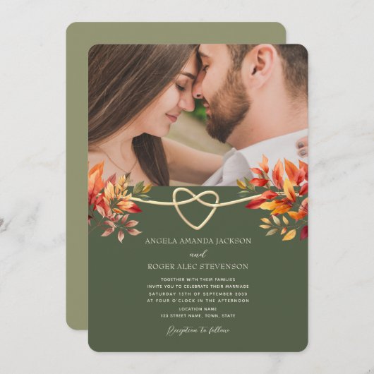 Olive Green Rustic Fall Foto Hochzeit Einladung (Vorne/Hinten)