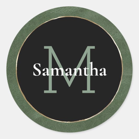 Olive Green Schwarz-weiß Gold Monogram Runder Aufkleber (Vorderseite)