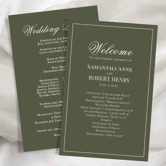 Olive Green Script Custom Wedding Program