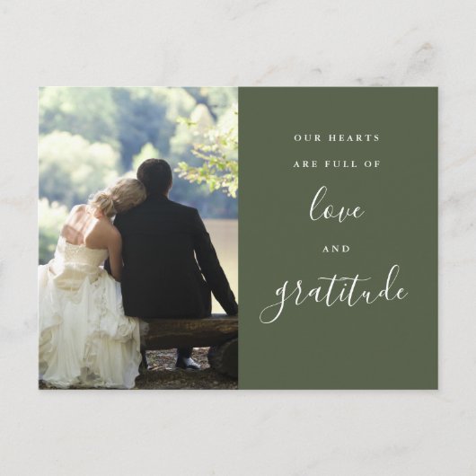 Olive Green Script Foto Wedding Vielen Dank Postkarte (Vorderseite)