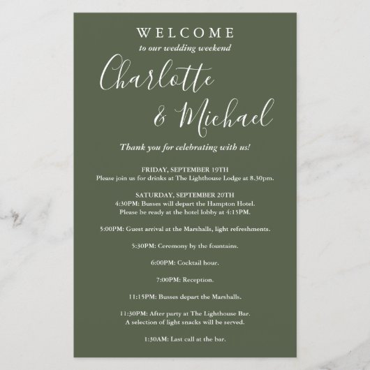 Olive Green Script Guest Wedding Weekend Program (Vorderseite)