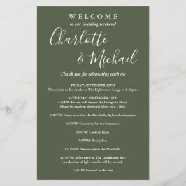 Olive Green Script Guest Wedding Weekend Program