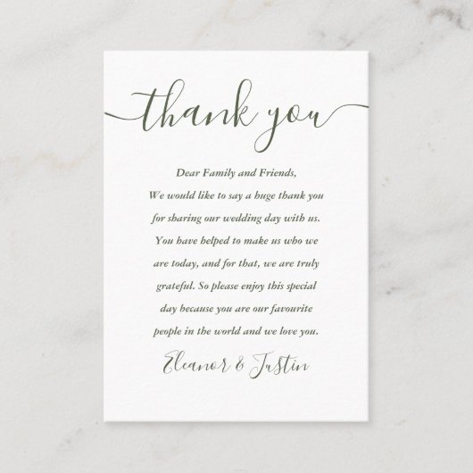 Olive Green Script Wedding Danke Platzkarte (Vorderseite)