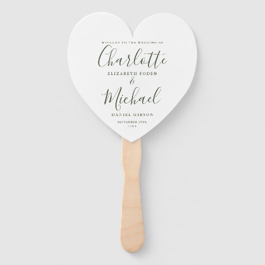 Olive Green Script Wedding Program Heart Fächer (Vorderseite)