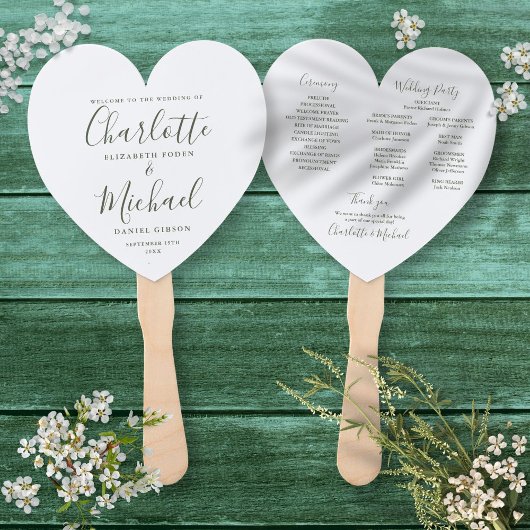 Olive Green Script Wedding Program Heart Fächer
