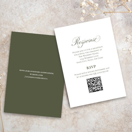 Olive Green Script Wedding RSVP QR Code Card Begleitkarte