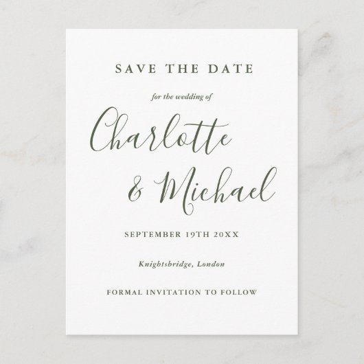 Olive Green Script Wedding Save the Date Postcard Postkarte (Vorderseite)