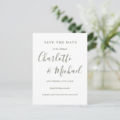 Olive Green Script Wedding Save the Date Postcard Postkarte (Stehend Vorderseite)