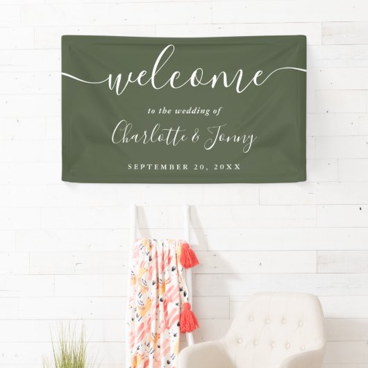 Olive Green Script Wedding Willkommen Banner (Insitu)