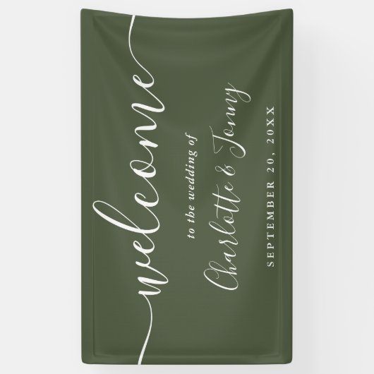 Olive Green Script Wedding Willkommen Banner (Vertikal)