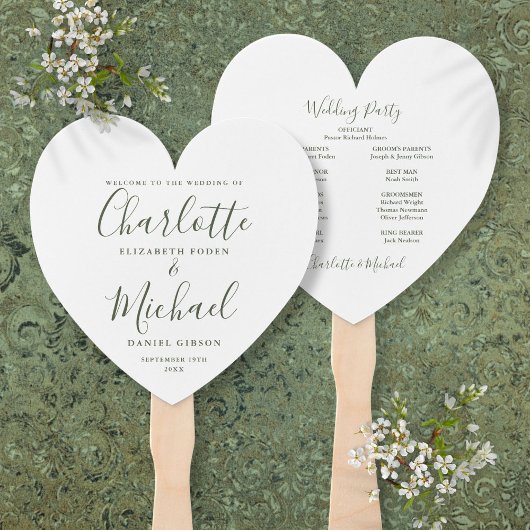 Olive Green Script Wedding Zeremonie Herz Fächer