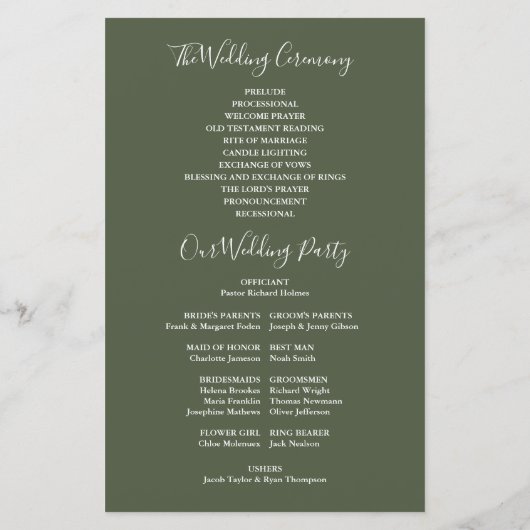 Olive Green Signature Script-Hochzeitsprogramm (Rückseite)