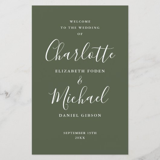 Olive Green Signature Script-Hochzeitsprogramm (Vorderseite)