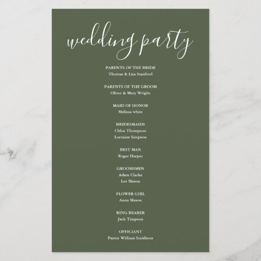 Olive Green Signature Script-Hochzeitsprogramm (Rückseite)