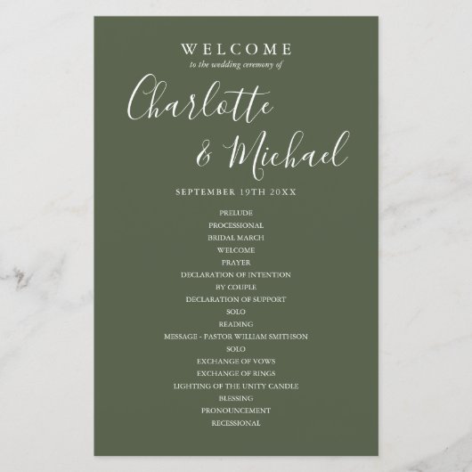 Olive Green Signature Script-Hochzeitsprogramm (Vorderseite)