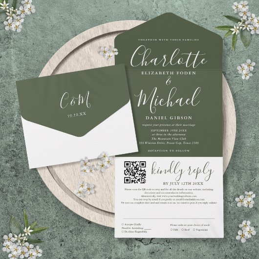 Olive Green Signature Script QR Code Hochzeit All In One Einladung