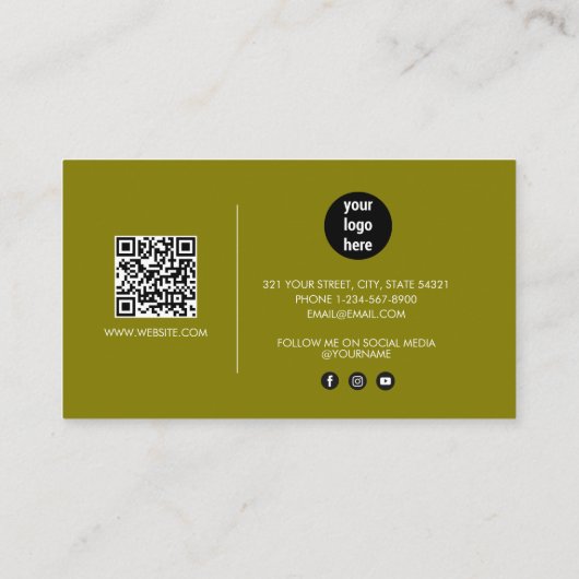 Olive Green Signature Script QR Code Social Media Visitenkarte (Rückseite)
