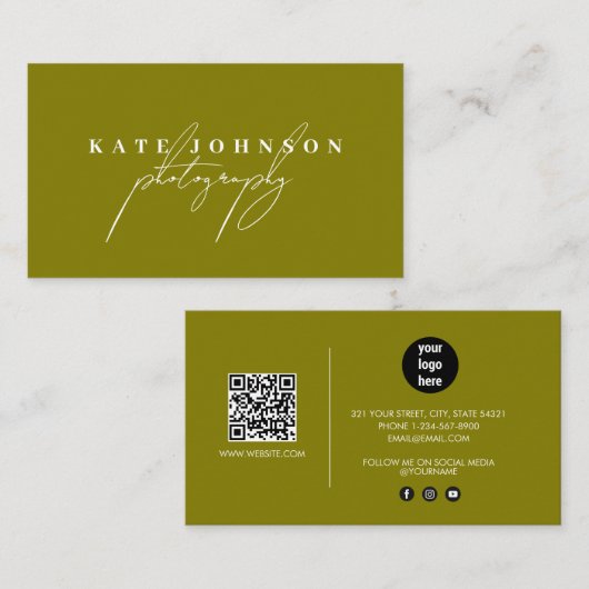 Olive Green Signature Script QR Code Social Media Visitenkarte (Vorne/Hinten)