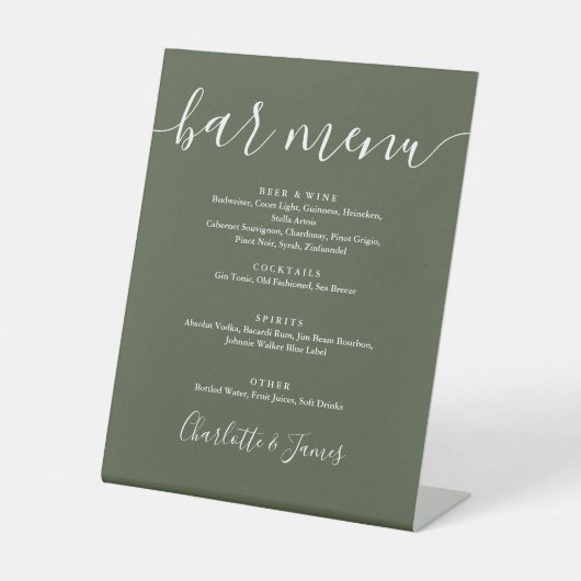 Olive Green Signature Script Wedding Bar Menu Sockelschild (Vorderseite)