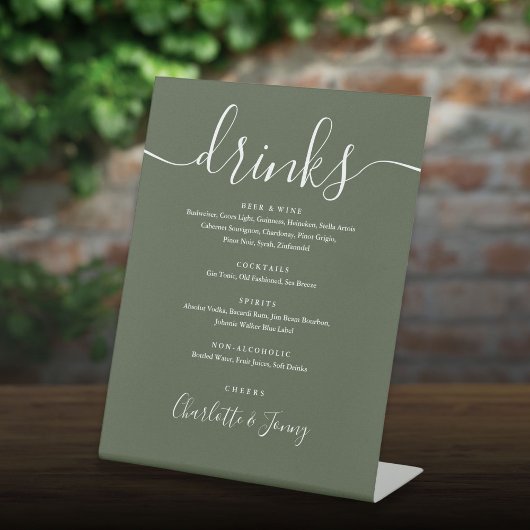 Olive Green Signature Script Wedding Drinks Menü Sockelschild