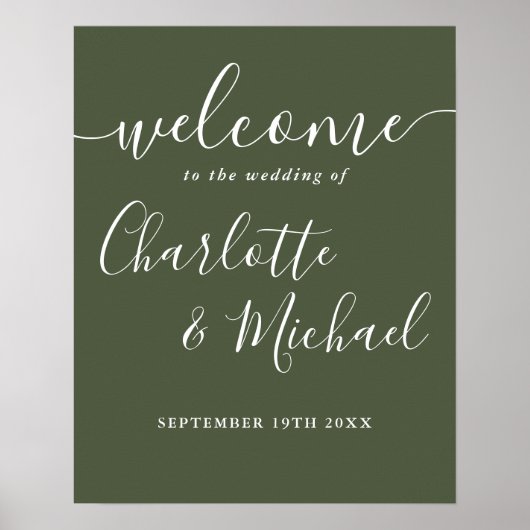 Olive Green Signature Script Wedding Willkommensze Poster (Vorne)