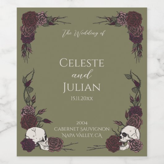 Olive Green Skulls & Roses Gothic Wedding Weinetikett (Einzelnes Label)