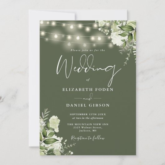 Olive Green String Lights Floral Monogram Wedding Einladung (Vorderseite)