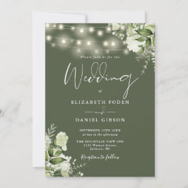 Olive Green String Lights Floral Monogram Wedding Einladung