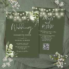 Olive Green String Lights Floral QR Code Hochzeit Einladung