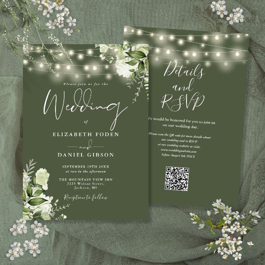 Olive Green String Lights Floral QR Code Hochzeit Einladung