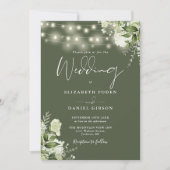 Olive Green String Lights Floral QR Code Hochzeit Einladung (Vorderseite)