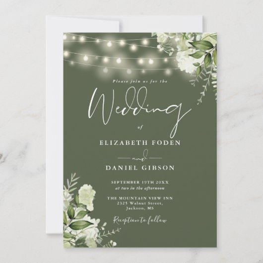 Olive Green String Lights Floral QR Code Hochzeit Einladung (Vorderseite)