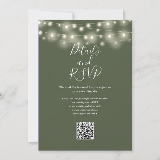 Olive Green String Lights Floral QR Code Hochzeit Einladung (Rückseite)