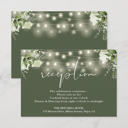 Olive Green String Lights Floral Wedding Reception Begleitkarte (Vorne/Hinten)