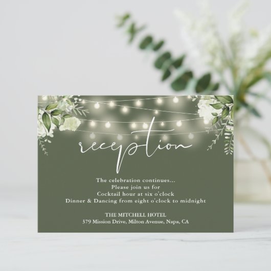 Olive Green String Lights Floral Wedding Reception Begleitkarte (Stehend Vorderseite)