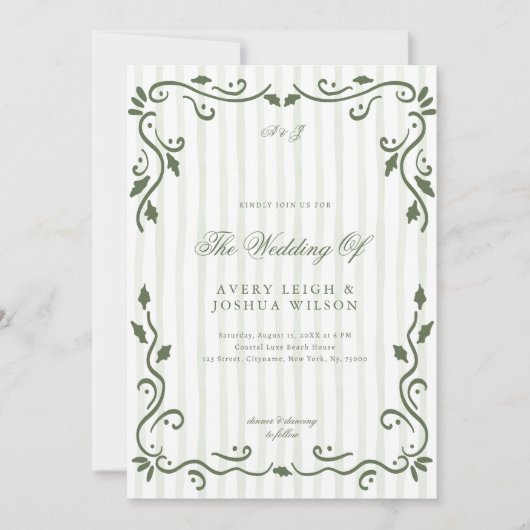 Olive Green Striped Classic Elegant Wedding Einladung (Vorderseite)