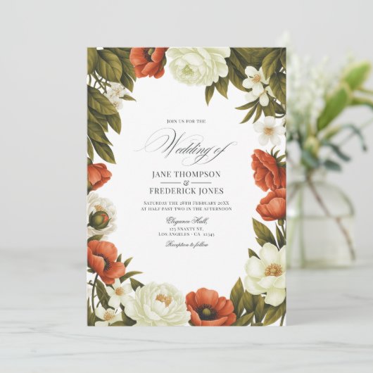 Olive Green Terracotta & Soft Ivory Floral Wedding Einladung (Stehend Vorderseite)