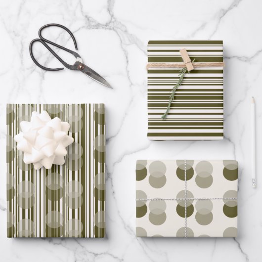 Olive Green Tinsel, Stripes and Confetti Patterns Geschenkpapier Set (Vorderseite)