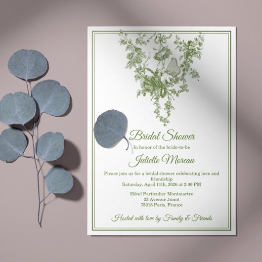 Olive Green Toile de Jouy Bridal Shower Invitation Einladung