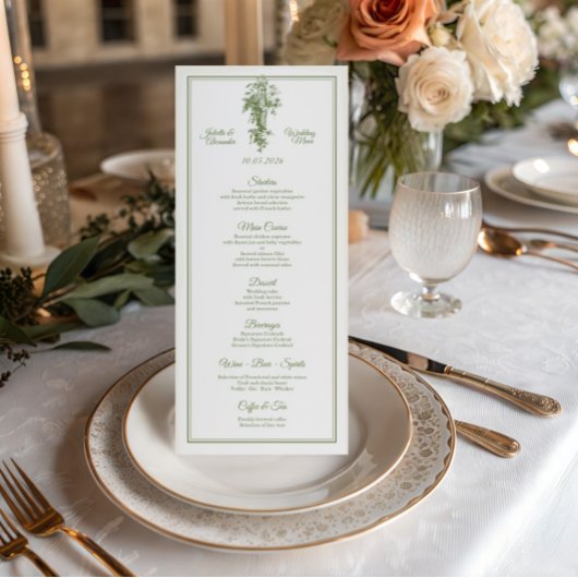 Olive Green Toile de Jouy Wedding Menu Card Menükarte