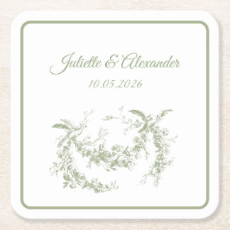 Olive Green Toile de Jouy Wedding Paper Coasters Rechteckiger Pappuntersetzer