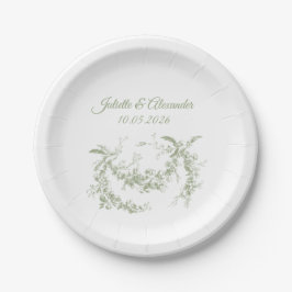 Olive Green Toile de Jouy Wedding Paper Plates Pappteller
