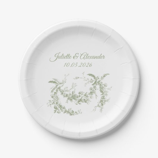 Olive Green Toile de Jouy Wedding Paper Plates Pappteller (Vorderseite)