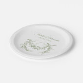 Olive Green Toile de Jouy Wedding Paper Plates Pappteller (Schrägansicht)