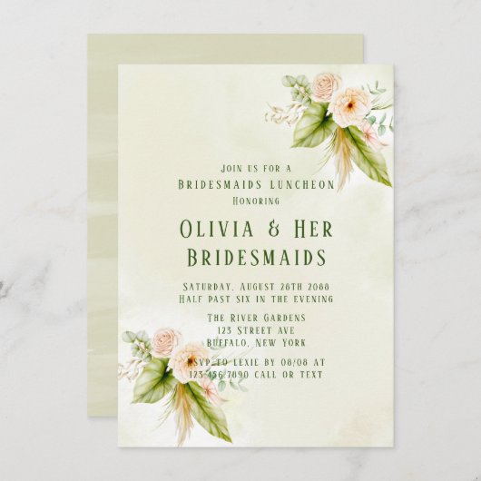 Olive Green Tropical Florals Bridesmaids Luncheon Einladung (Vorne/Hinten)