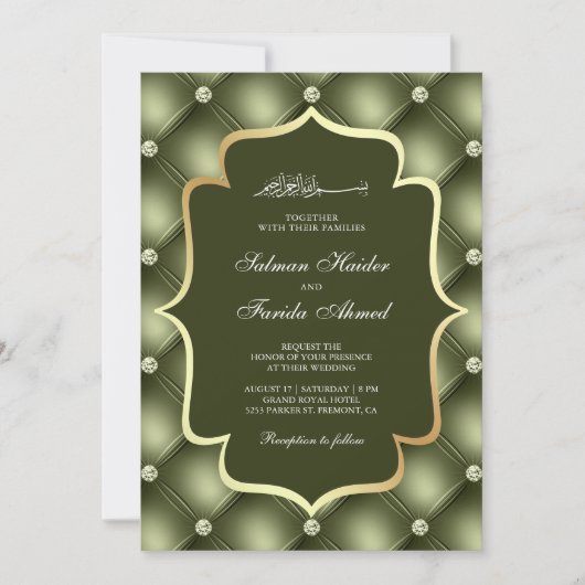 Olive Green Tufted Diamonds Pattern Muslim Hochzei Einladung (Vorderseite)